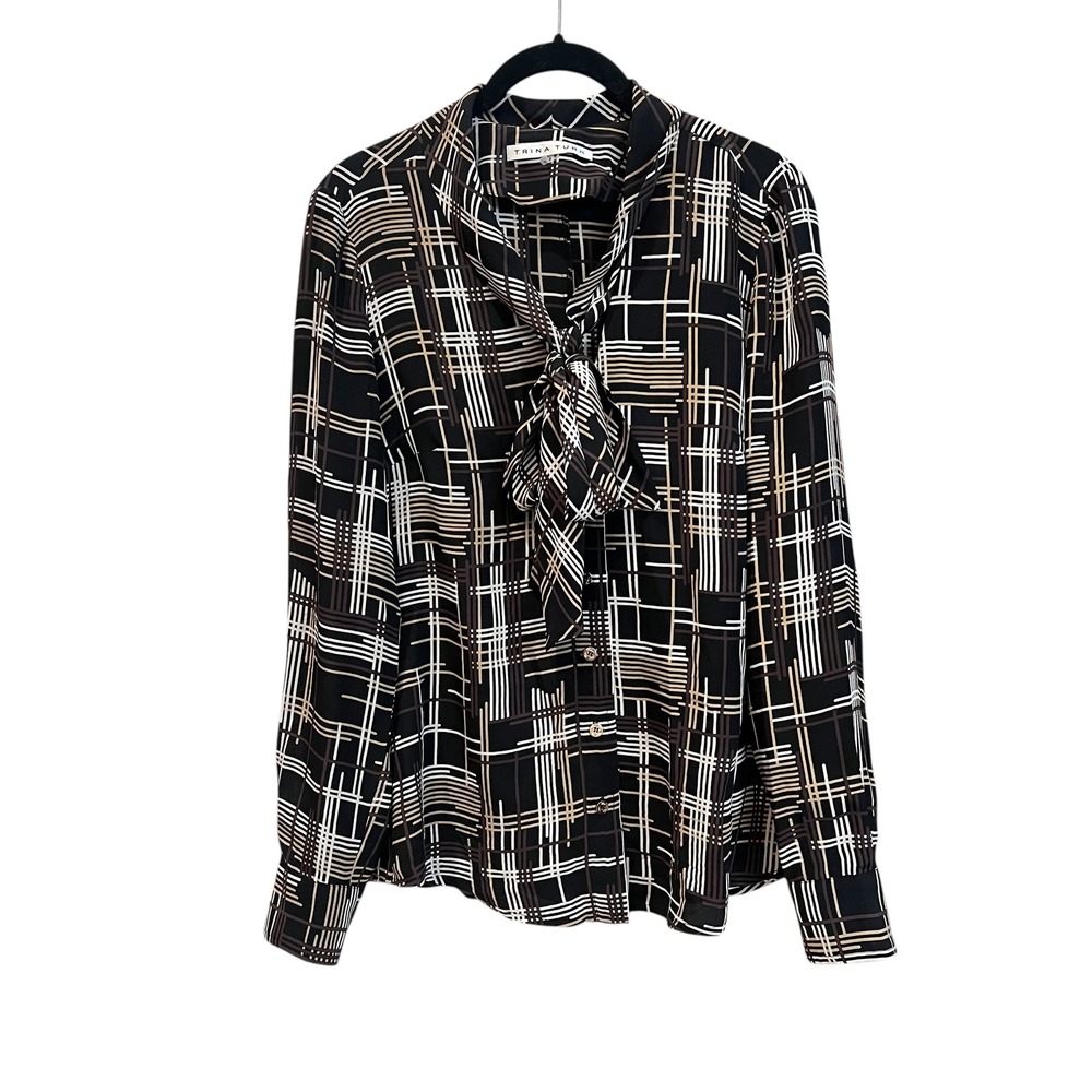 Trina Turk Black Brown Geometric Lines Silk Blouse Tie Neck‎ Size 4 Retro Mod